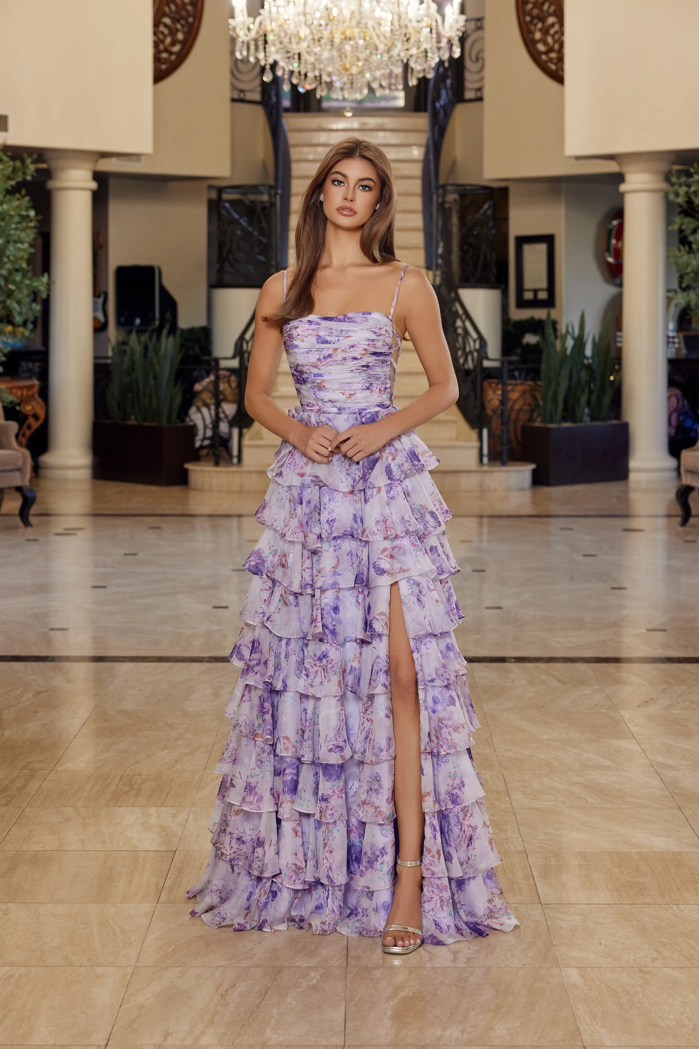 Nox Anabel Q1777 floral print a-line prom dress with strapless neckline sold by The Gown Galleria product image thumbnail 3