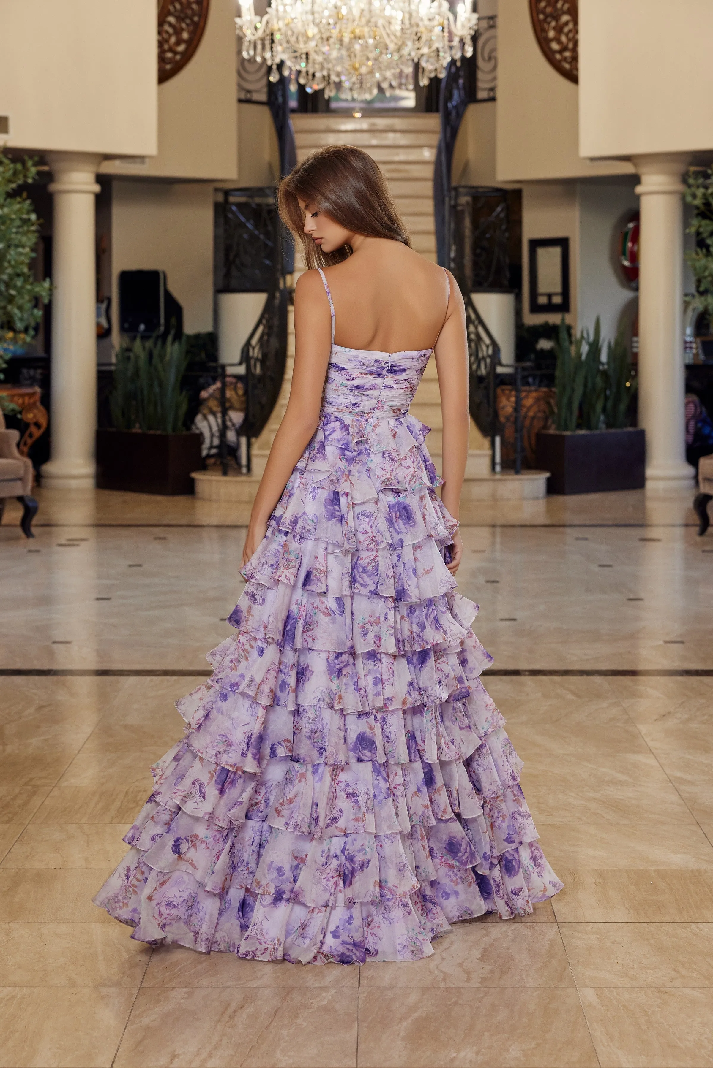 Nox Anabel Q1777 floral print a-line prom dress with strapless neckline sold by The Gown Galleria product image thumbnail 2