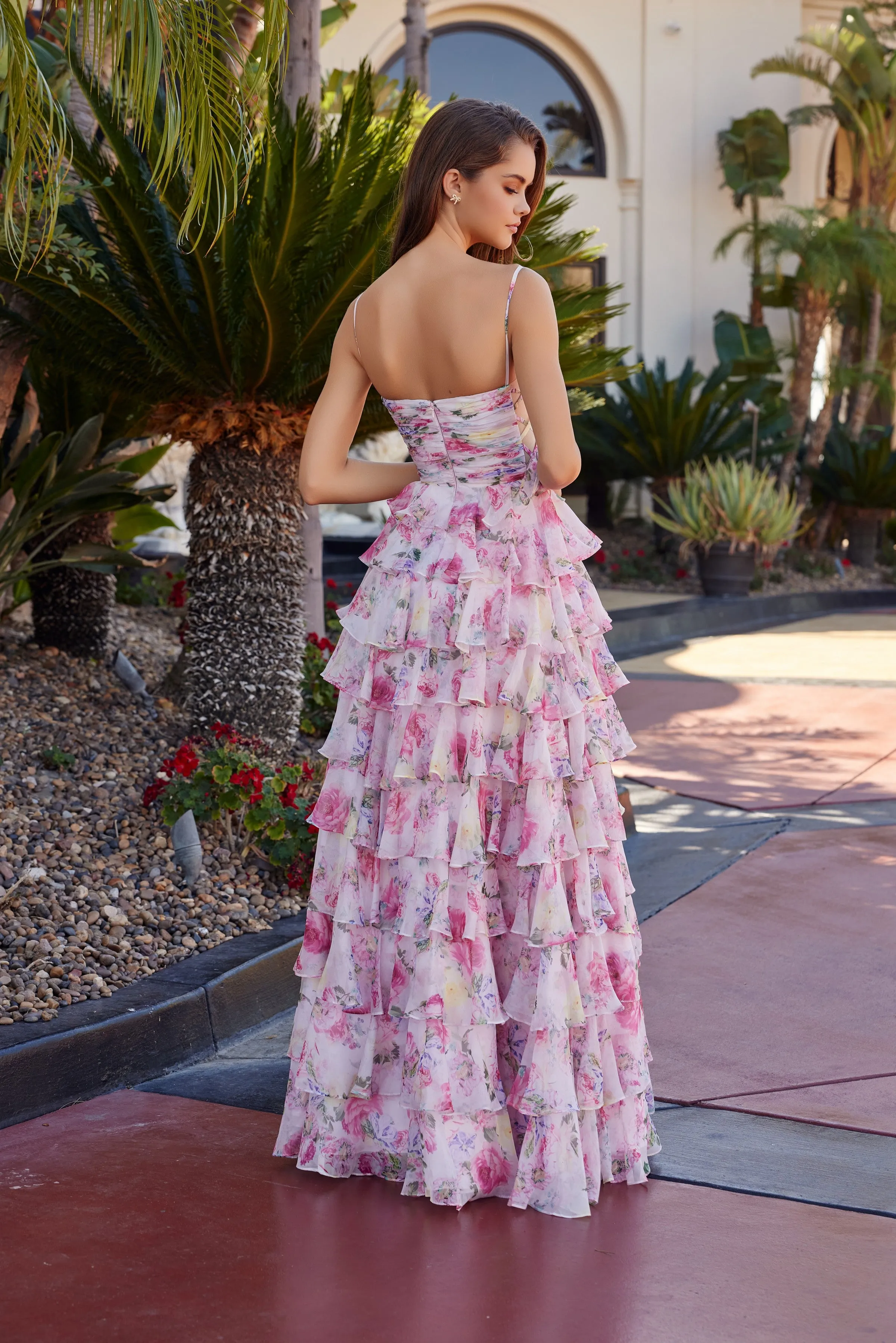Nox Anabel Q1777 floral print a-line prom dress with strapless neckline sold by The Gown Galleria product image thumbnail 5