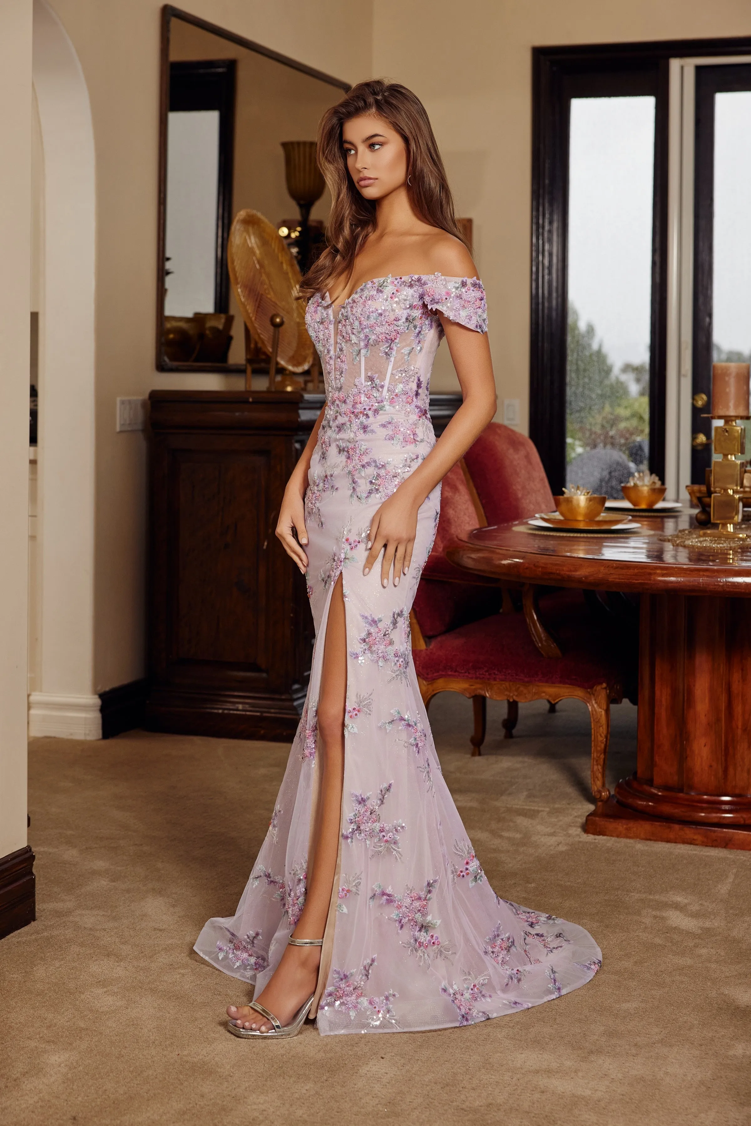 Nox Anabel C1829 off-the-shoulder prom dress with thigh-high slit sold by The Gown Galleria