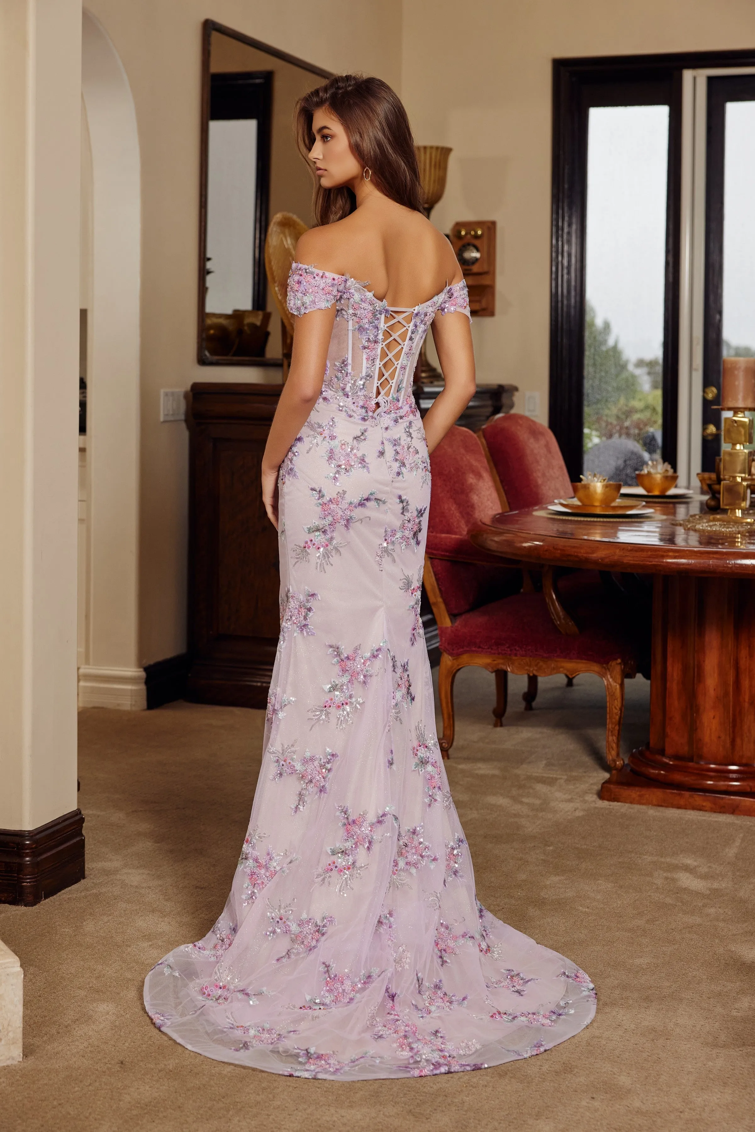 Nox Anabel C1829 off-the-shoulder prom dress with thigh-high slit sold by The Gown Galleria product image thumbnail 3