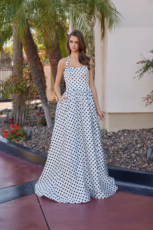 Nox Anabel E1925 long polka dot a-line prom dress with pockets made by The Gown Galleria