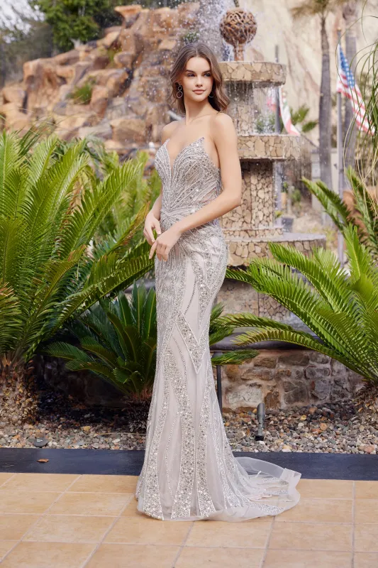 Nox Anabel C1833 strapless beaded prom dress with peaked neckline sold by The Gown Galleria