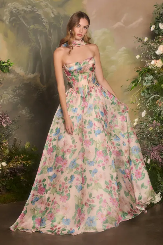 Andrea & Leo A1425 Floral Print Evening Gown with A-Line Silhouette made by The Gown Galleria