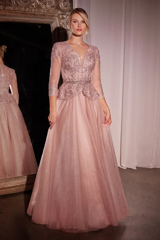 CINDERELLA DIVINE CD789 Three Quarter Sleeve Lace & Tulle A-Line Dress made by The Gown Galleria