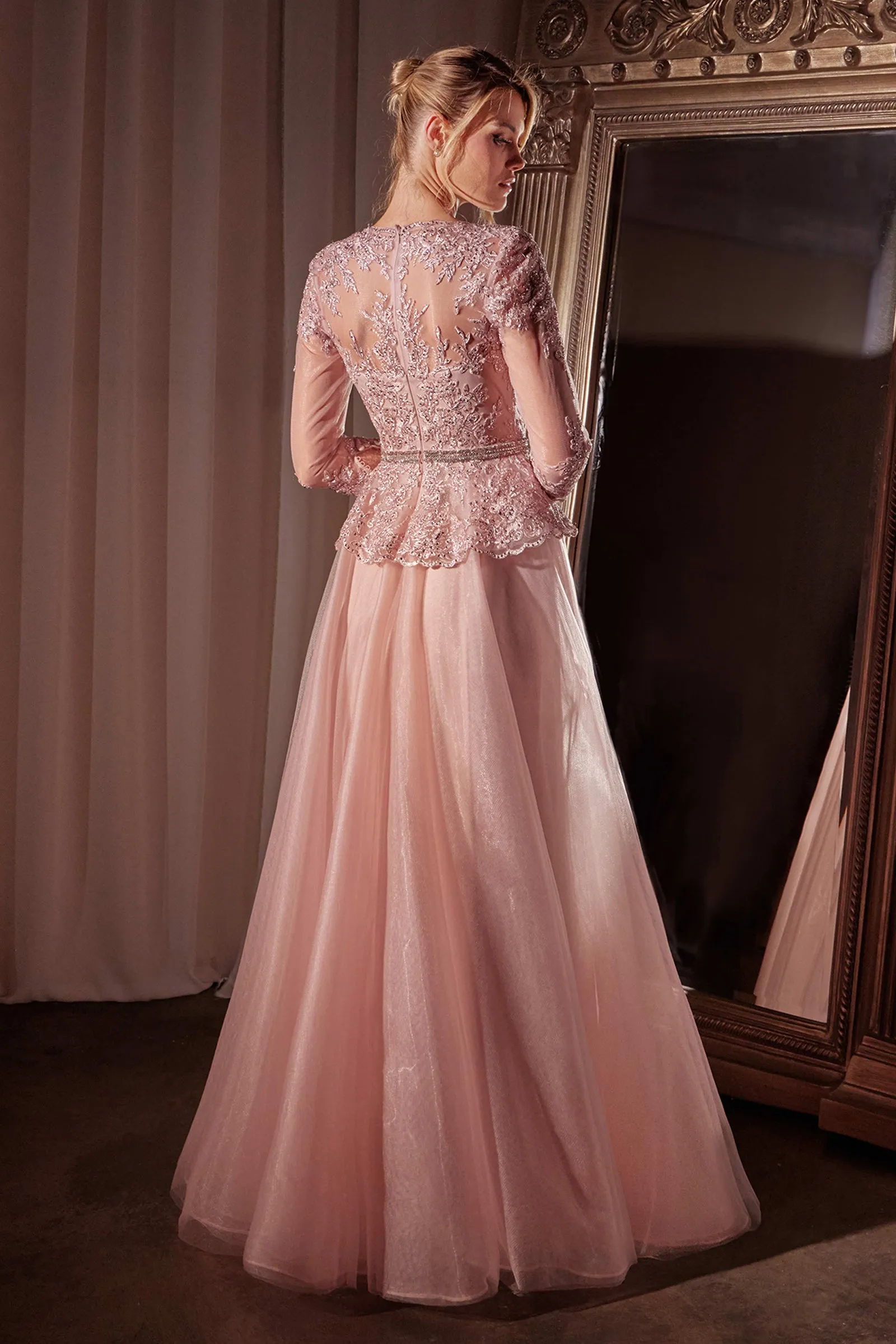 CINDERELLA DIVINE CD789 Three Quarter Sleeve Lace & Tulle A-Line Dress sold by The Gown Galleria product image thumbnail 2