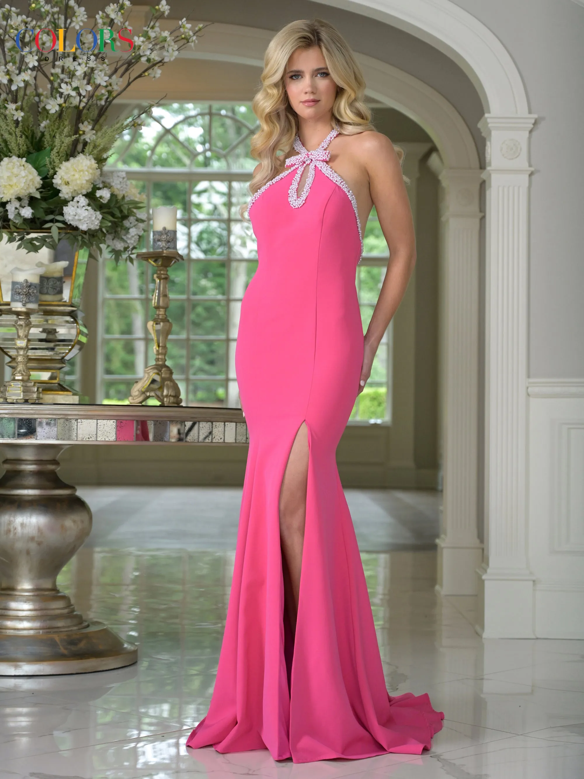 COLORS 3718 Long Fitted Halter Prom Dress With Slit sold by The Gown Galleria
