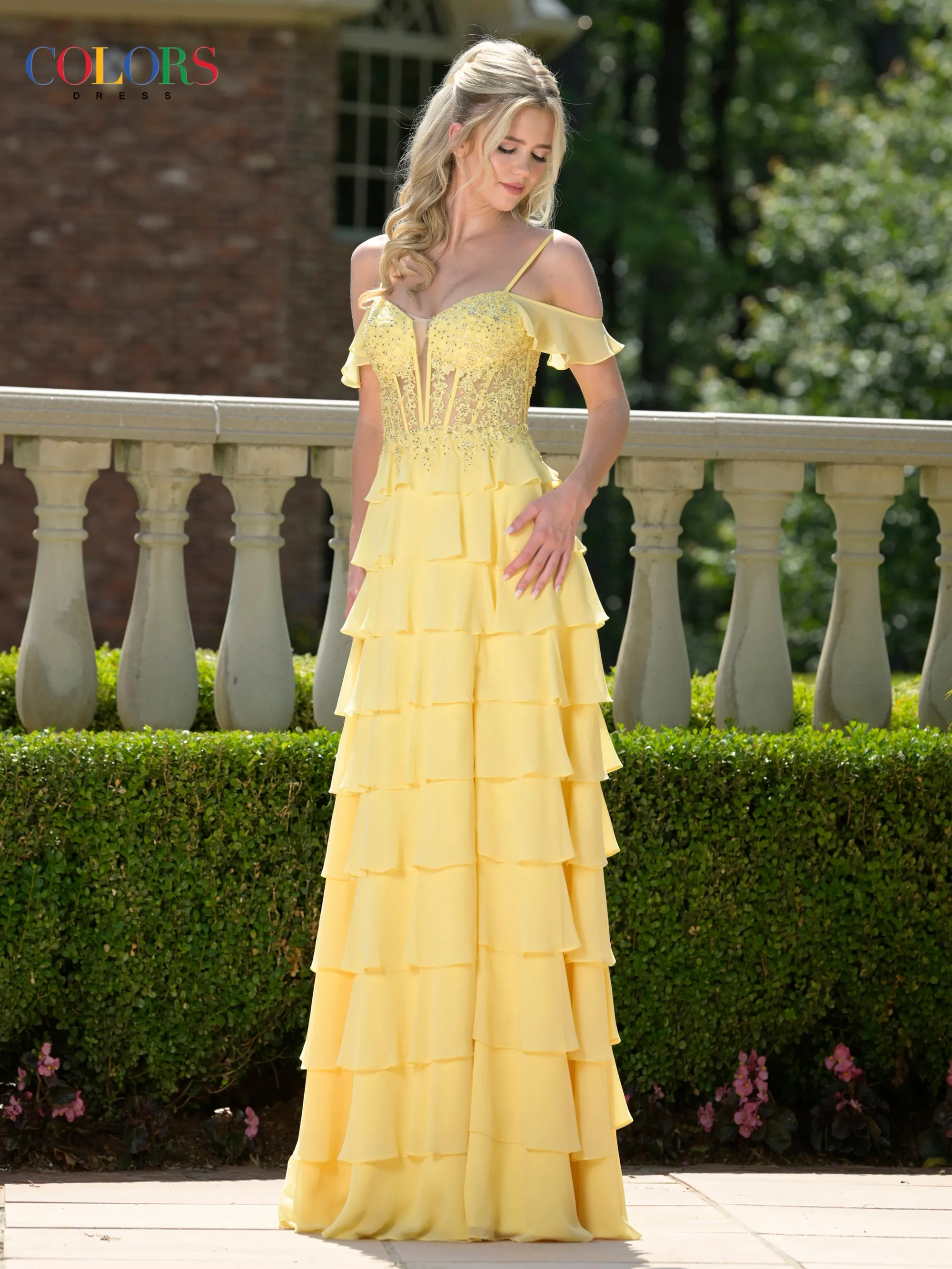 COLORS 3820 Long Prom Dress With Sheer Deep V-Neckline sold by The Gown Galleria