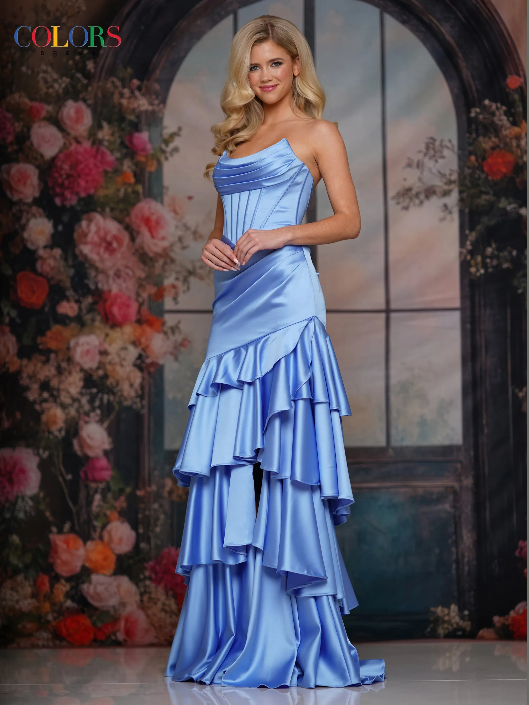COLORS 3823 Satin Prom Dress With Fitted Corset Bodice sold by The Gown Galleria