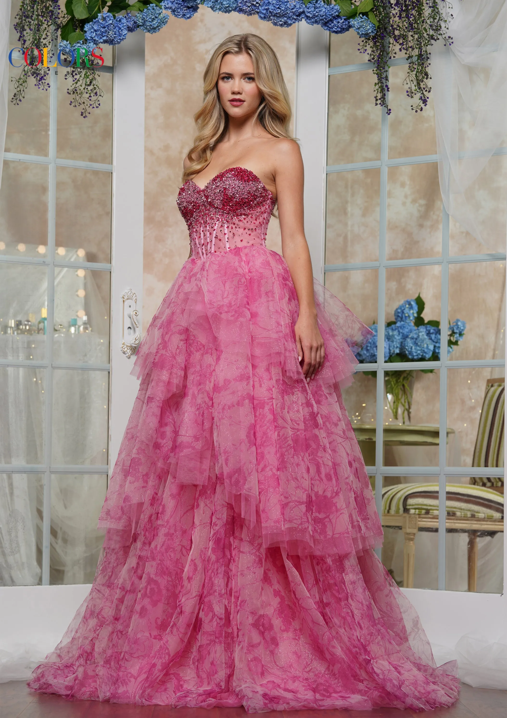 Colors Dress 3572 Strapless Floral Print Prom Gown With Corset Bodice sold by The Gown Galleria product image thumbnail 3