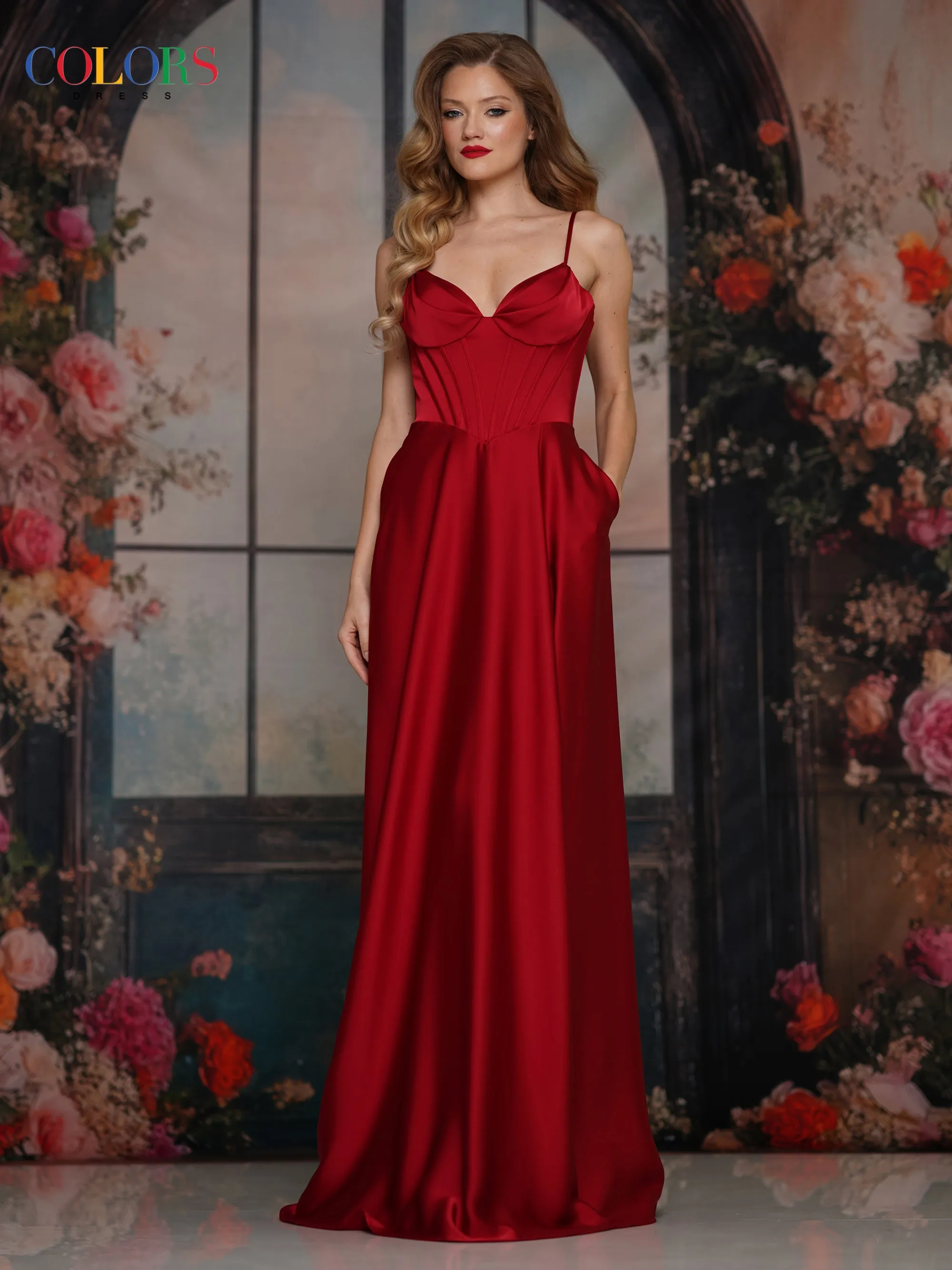 COLORS 3743 Wine Long Prom Dress With Fitted Corset Bodice sold by The Gown Galleria