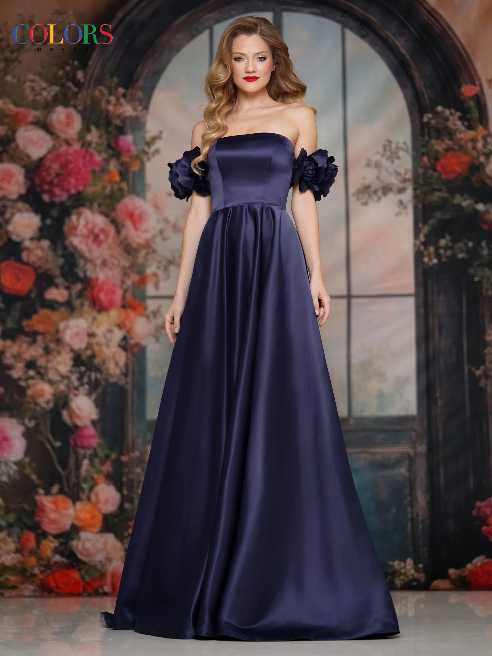 COLORS 3744 Off-The-Shoulder Satin Prom Dress In Red sold by The Gown Galleria product image thumbnail 3