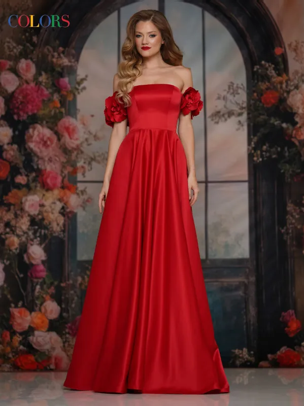 COLORS 3744 Off-The-Shoulder Satin Prom Dress In Red sold by The Gown Galleria