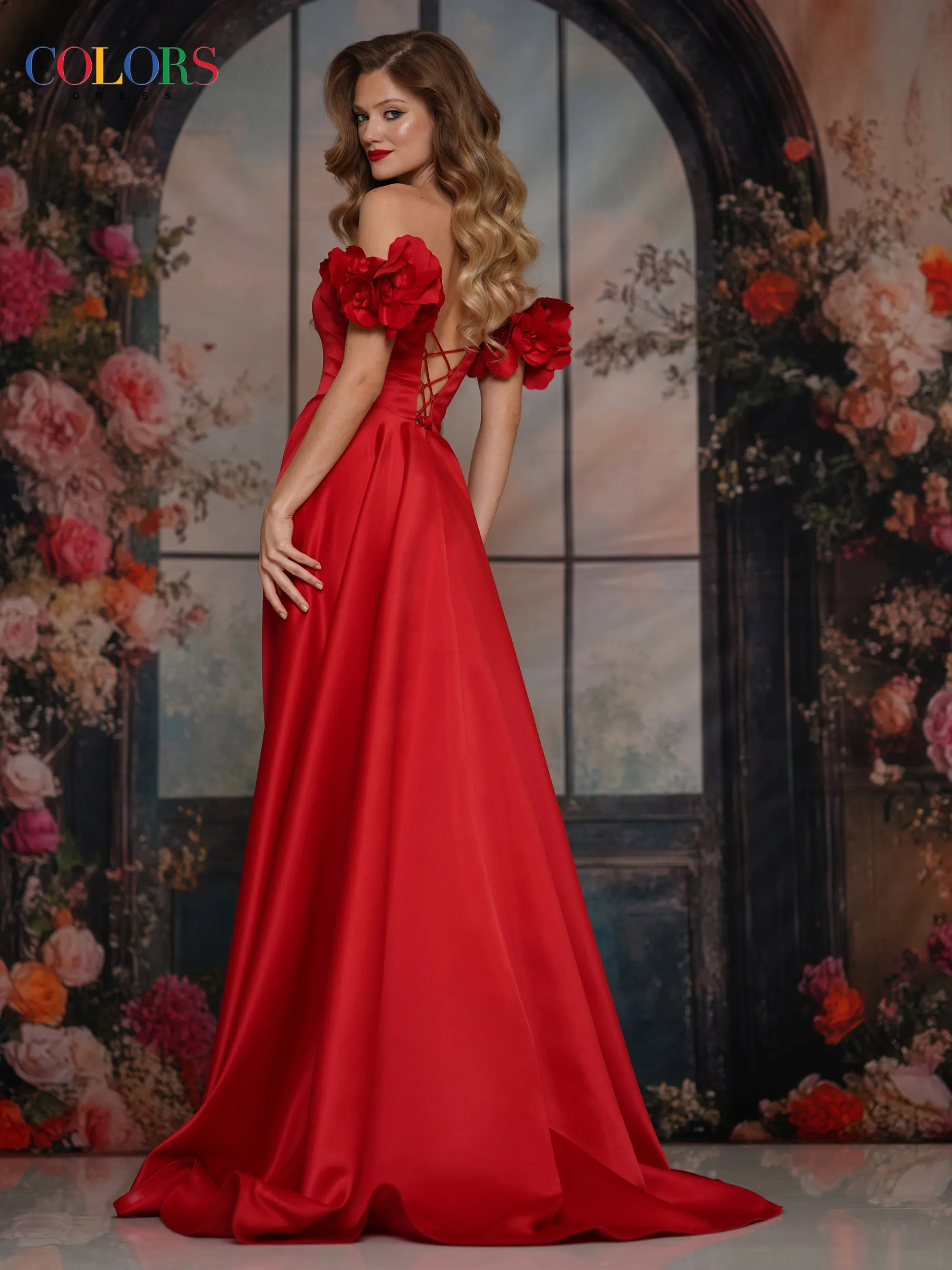 COLORS 3744 Off-The-Shoulder Satin Prom Dress In Red sold by The Gown Galleria product image thumbnail 2
