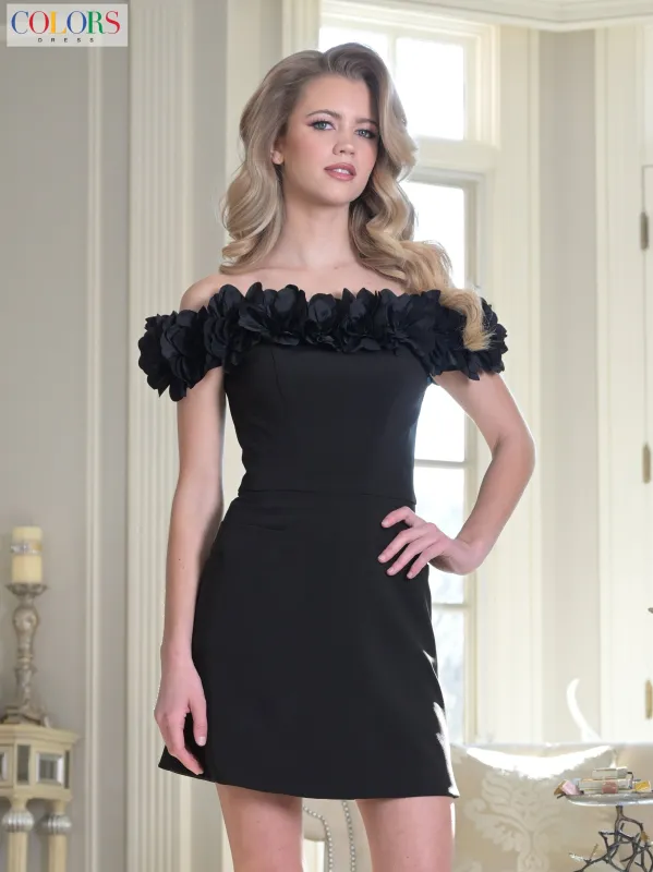 Colors Dress 3679 Off-The-Shoulder Short Homecoming Dress made by The Gown Galleria
