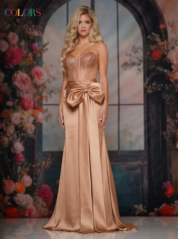 COLORS 3769 Antique Gold Strapless Prom Dress With Bow made by The Gown Galleria