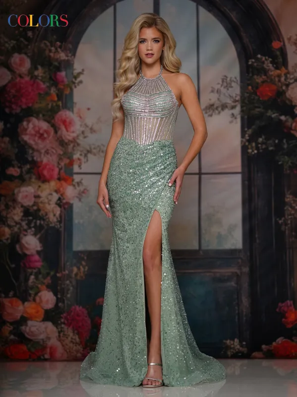 COLORS 3773 Long Prom Dress With High Neckline And Slit sold by The Gown Galleria