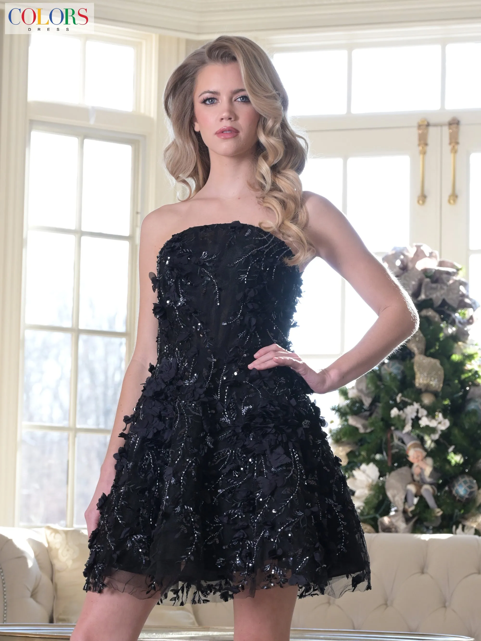 COLORS 3659 Strapless Floral Homecoming Dress With Fit-And-Flare sold by The Gown Galleria