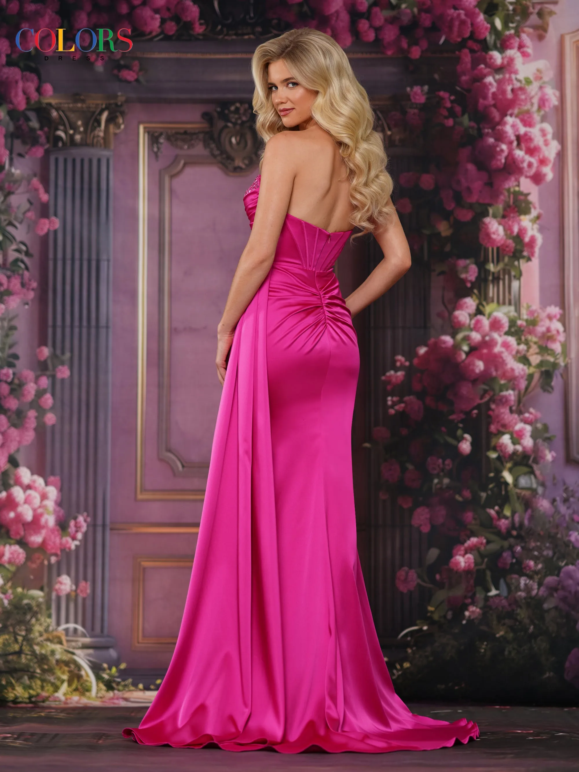 COLORS 3854 Fuchsia Strapless Prom Dress With Thigh-High Slit sold by The Gown Galleria product image thumbnail 2