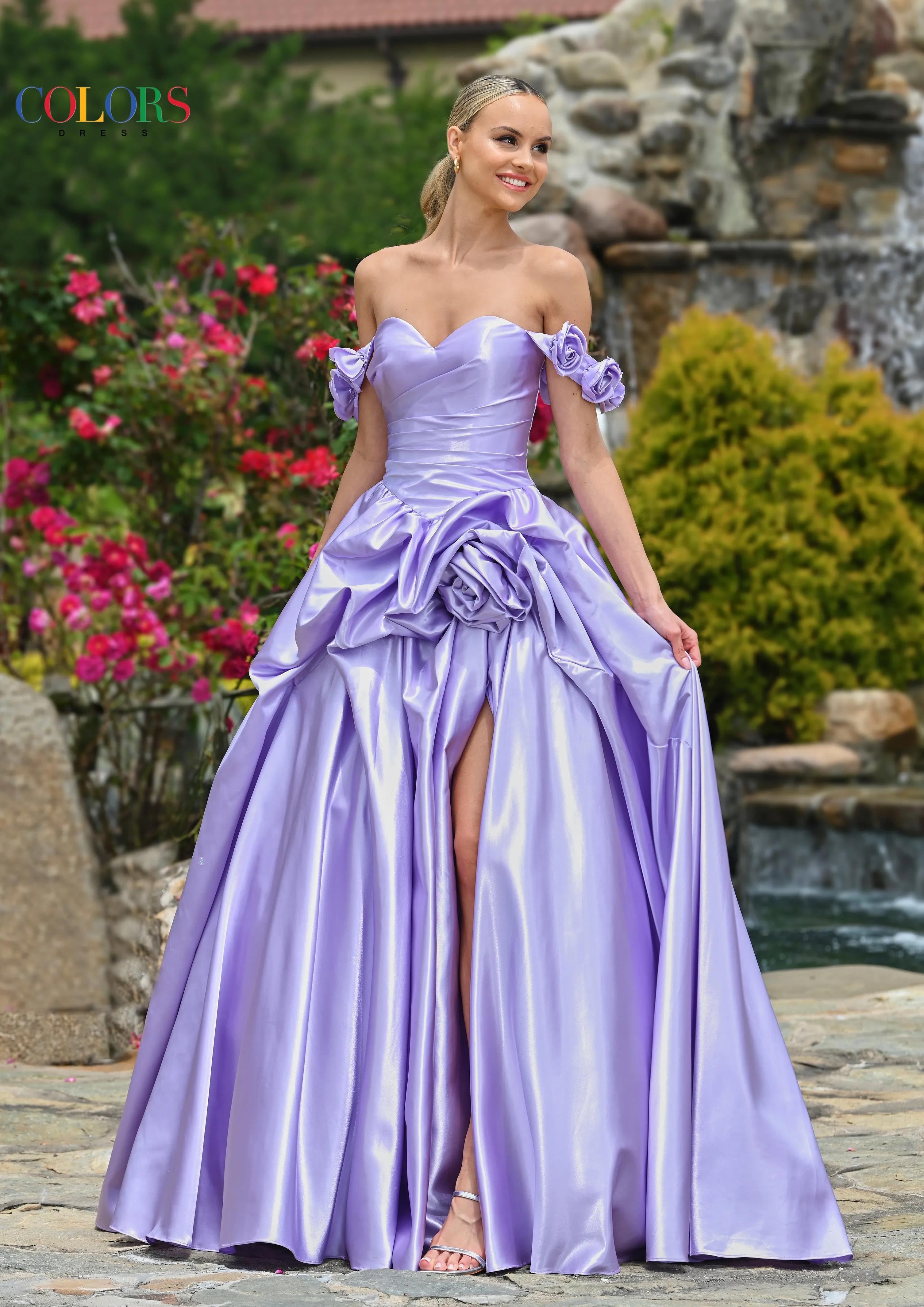 Colors Dress 3521 Off-The-Shoulder Prom Ball Gown With Rosettes sold by The Gown Galleria product image thumbnail 3