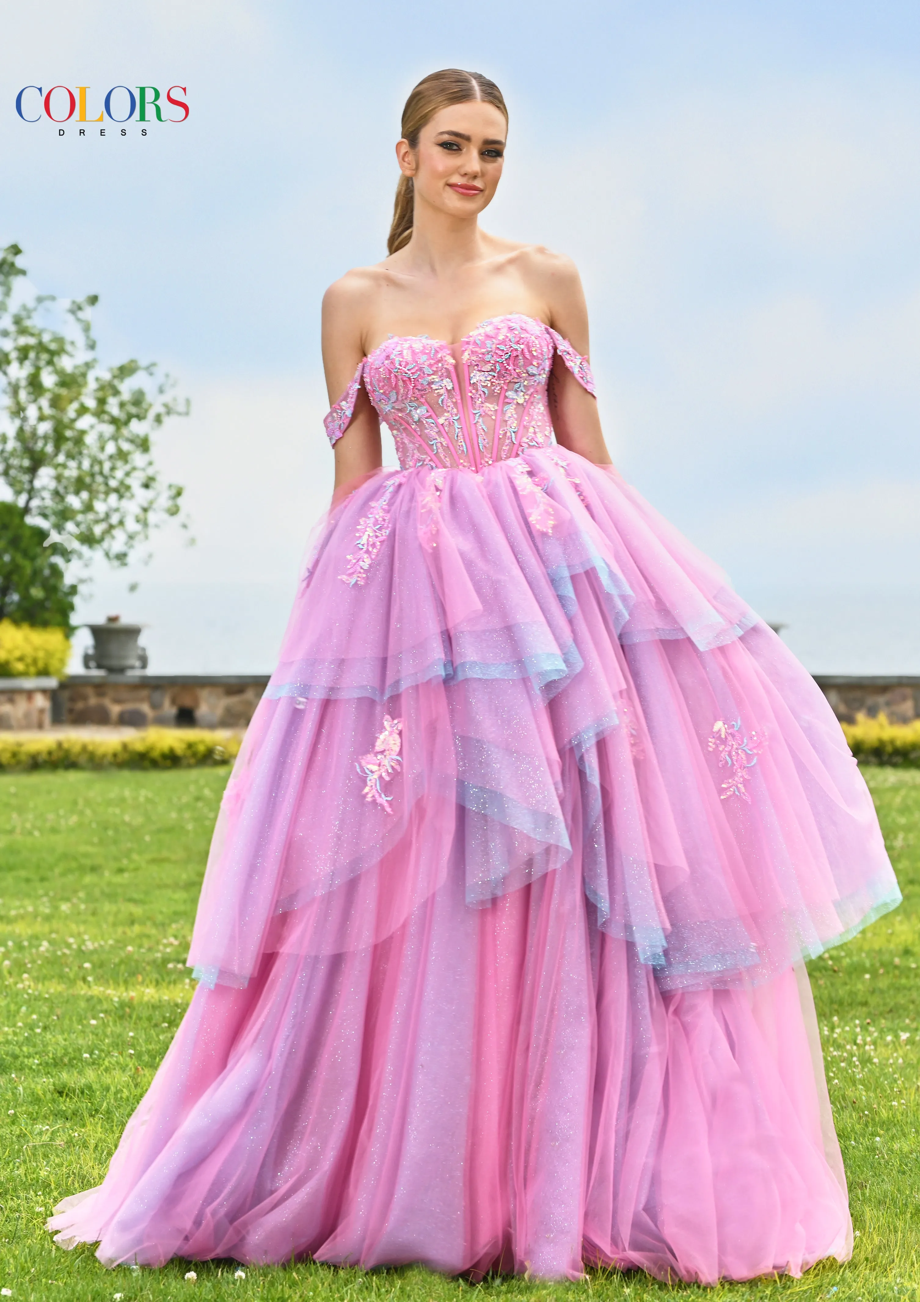 Colors Dress 3534 Off-Shoulder Long Prom Gown In Hot Pink sold by The Gown Galleria product image thumbnail 3