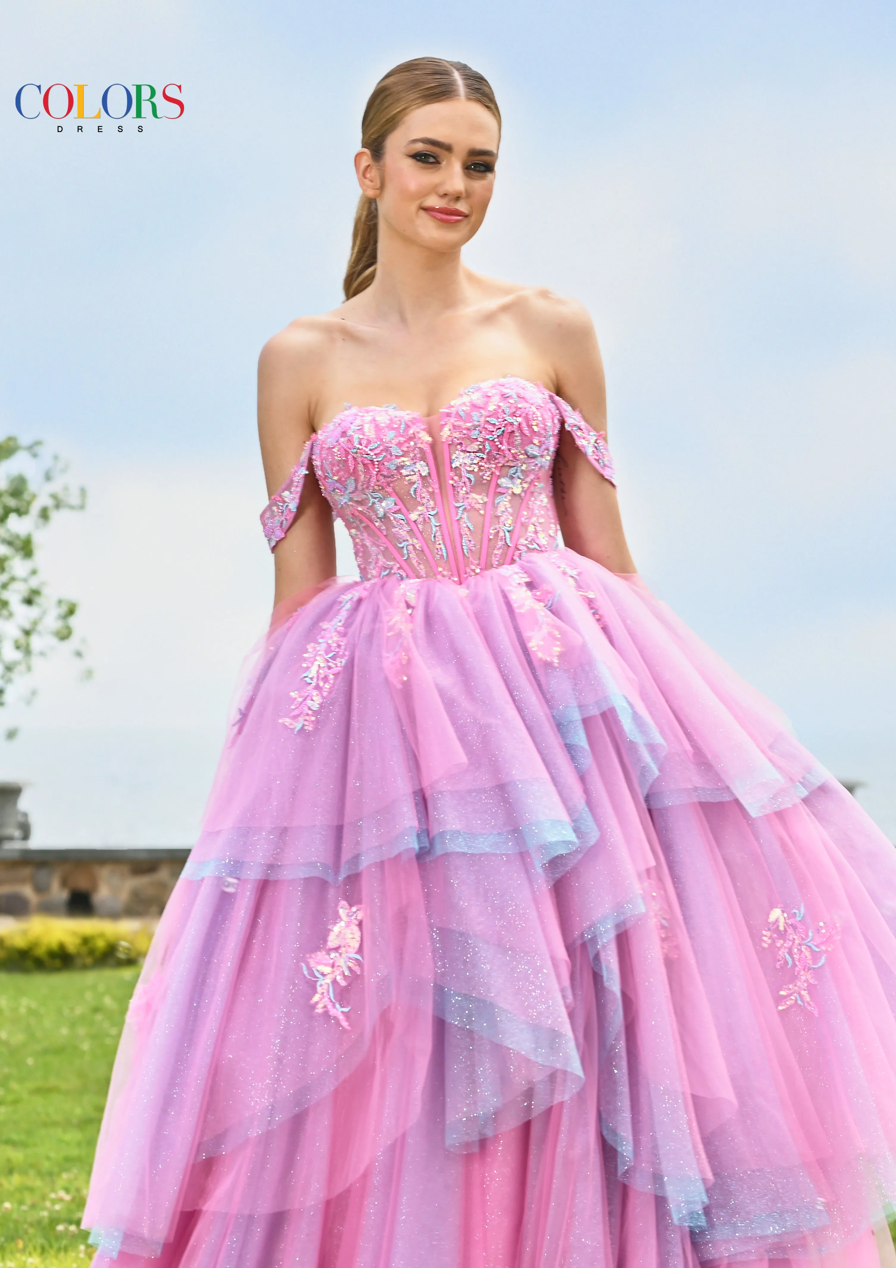 Colors Dress 3534 Off-Shoulder Long Prom Gown In Hot Pink sold by The Gown Galleria product image thumbnail 4