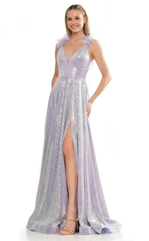Colors Dress 3221 Long Sequin-Mesh Prom Dress With Feather Straps made by The Gown Galleria