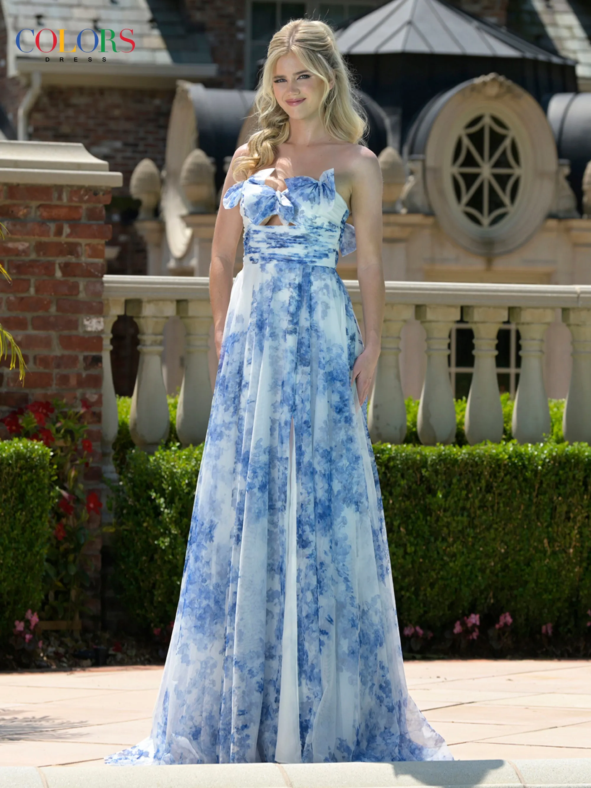 COLORS 3811 Green Long Prom Dress With 3D Bow Appliques sold by The Gown Galleria