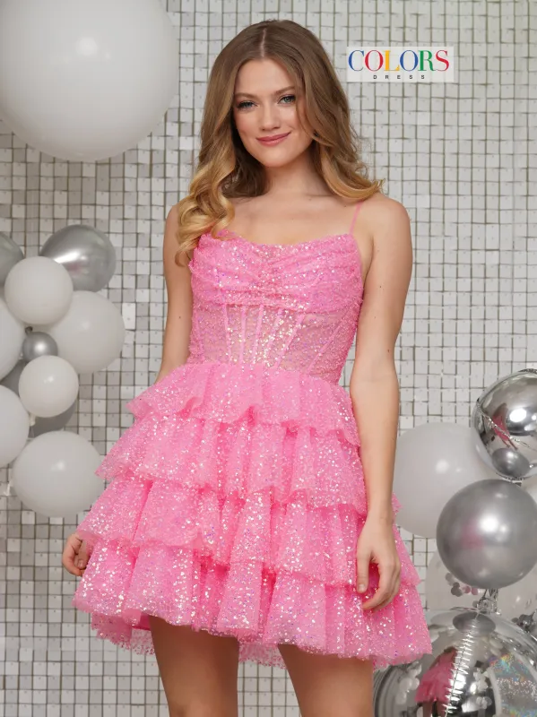 Colors Dress 3345 Sequin Homecoming Dress With Cowl Neckline made by The Gown Galleria