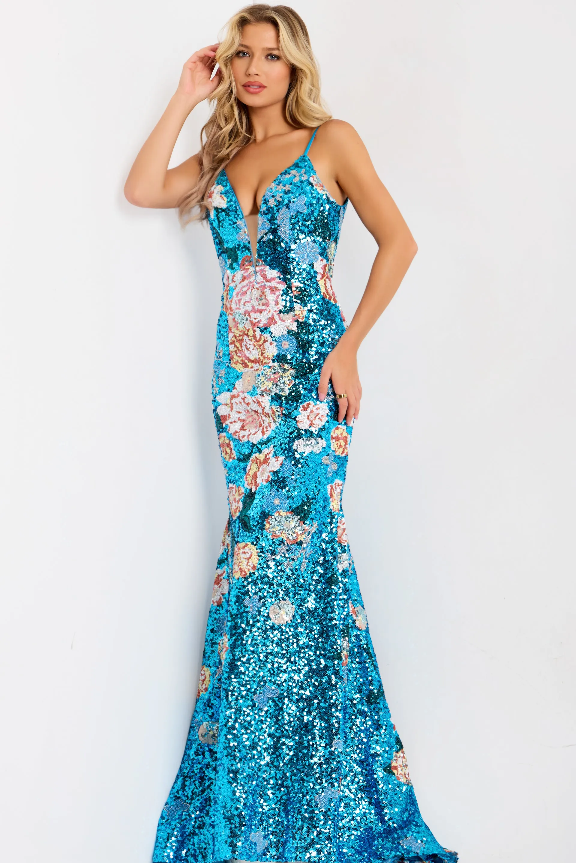 Jovani 48637 Evening Gown Floral Sequin Mermaid Silhouette sold by The Gown Galleria product image thumbnail 3