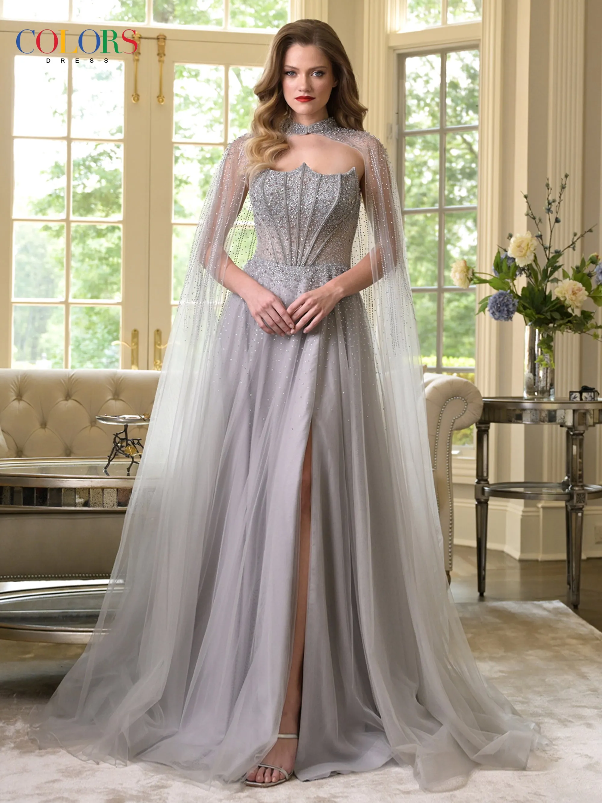 Colors Dress 3879 A-Line Cape Overlay Evening Gown sold by The Gown Galleria