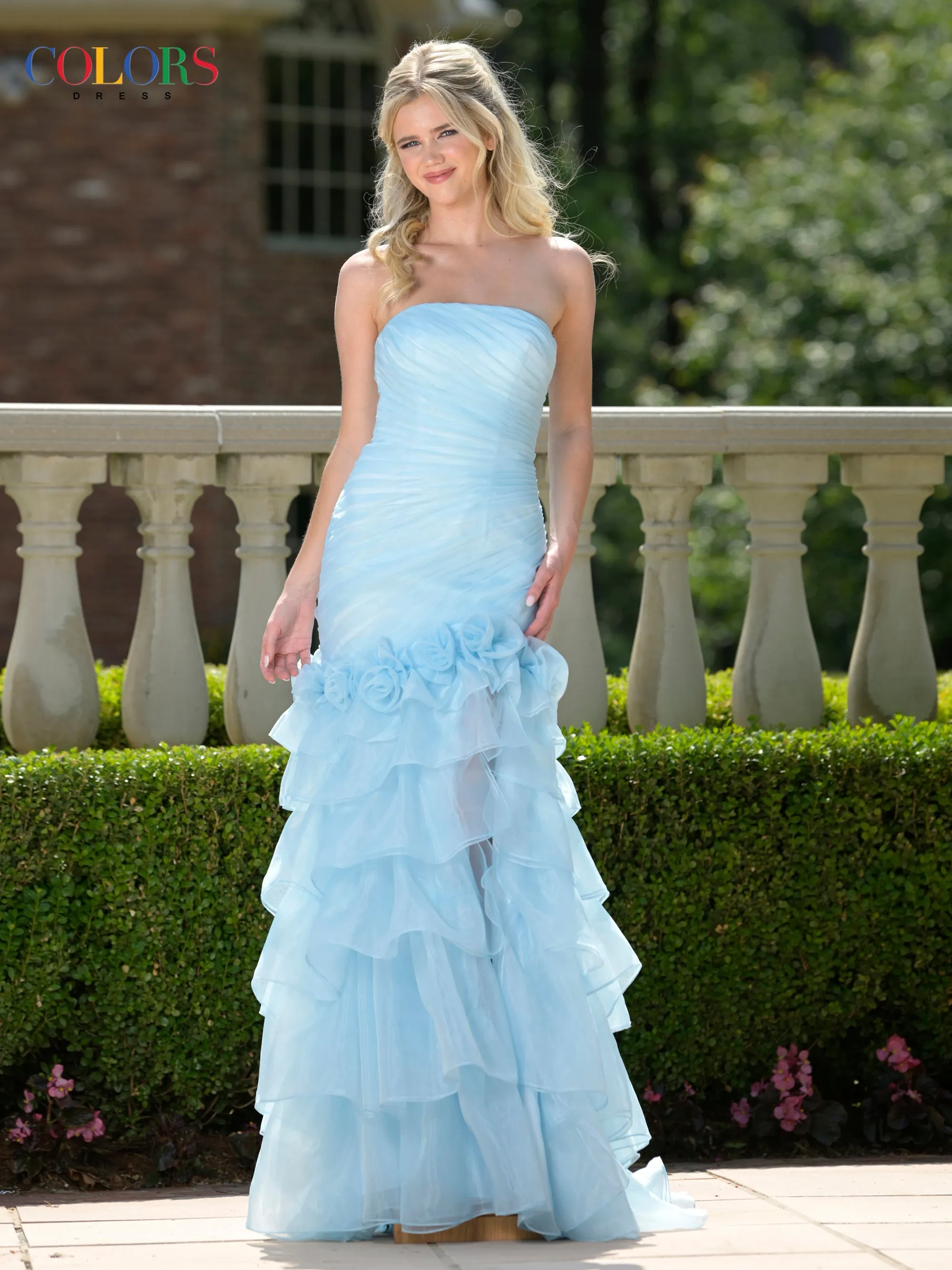 Colors Dress 3882 Strapless Tiered Ruffle Evening Gown sold by The Gown Galleria