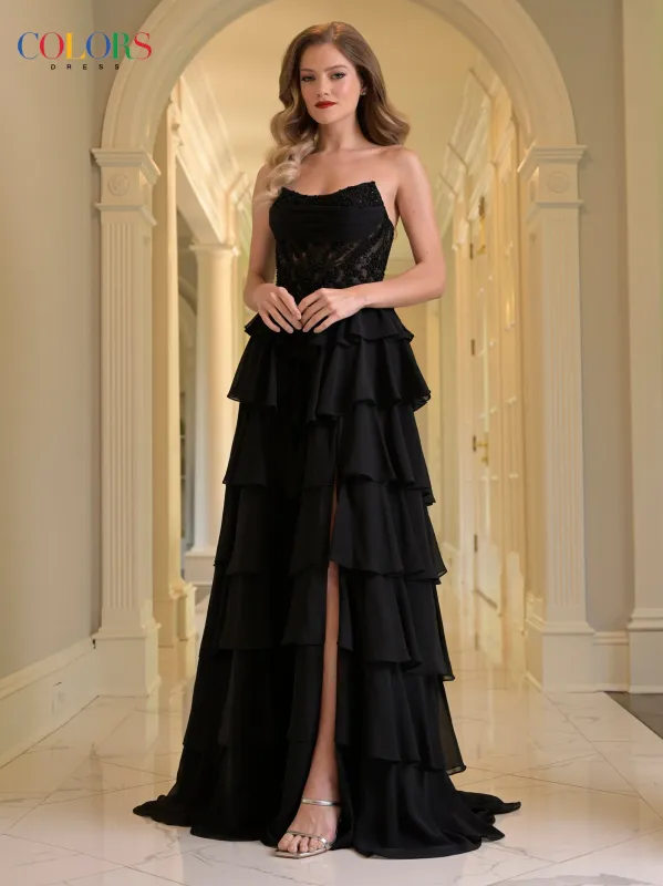 Colors Dress 3934 Scoop Neckline Tiered A-Line Evening Gown made by The Gown Galleria