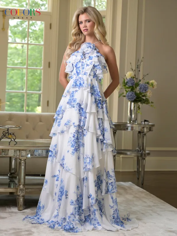 Colors Dress 3887 Ruffled Halter A-Line Evening Gown made by The Gown Galleria