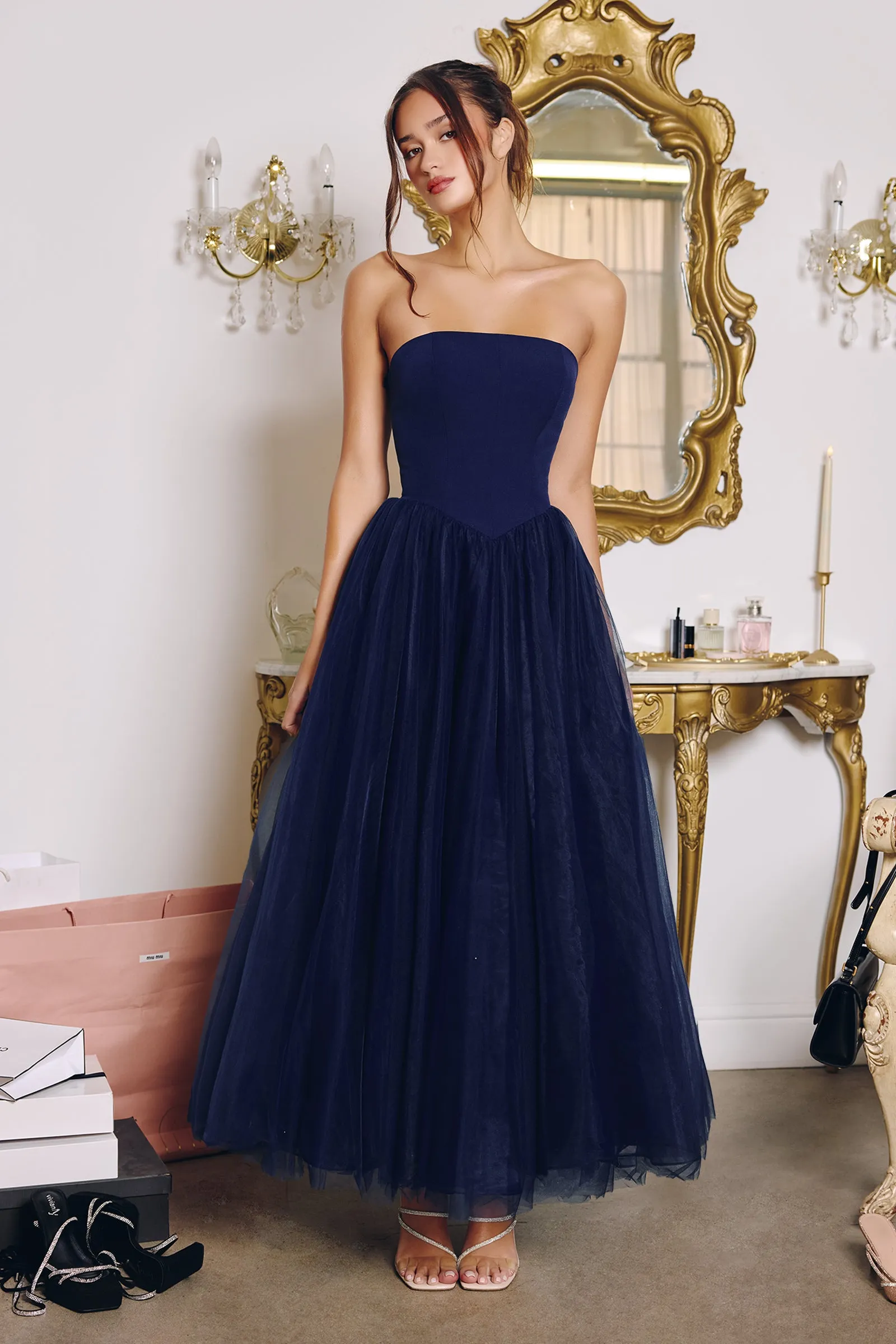 Amoris T712 A-Line Evening Gown with Strapless Bodice sold by The Gown Galleria