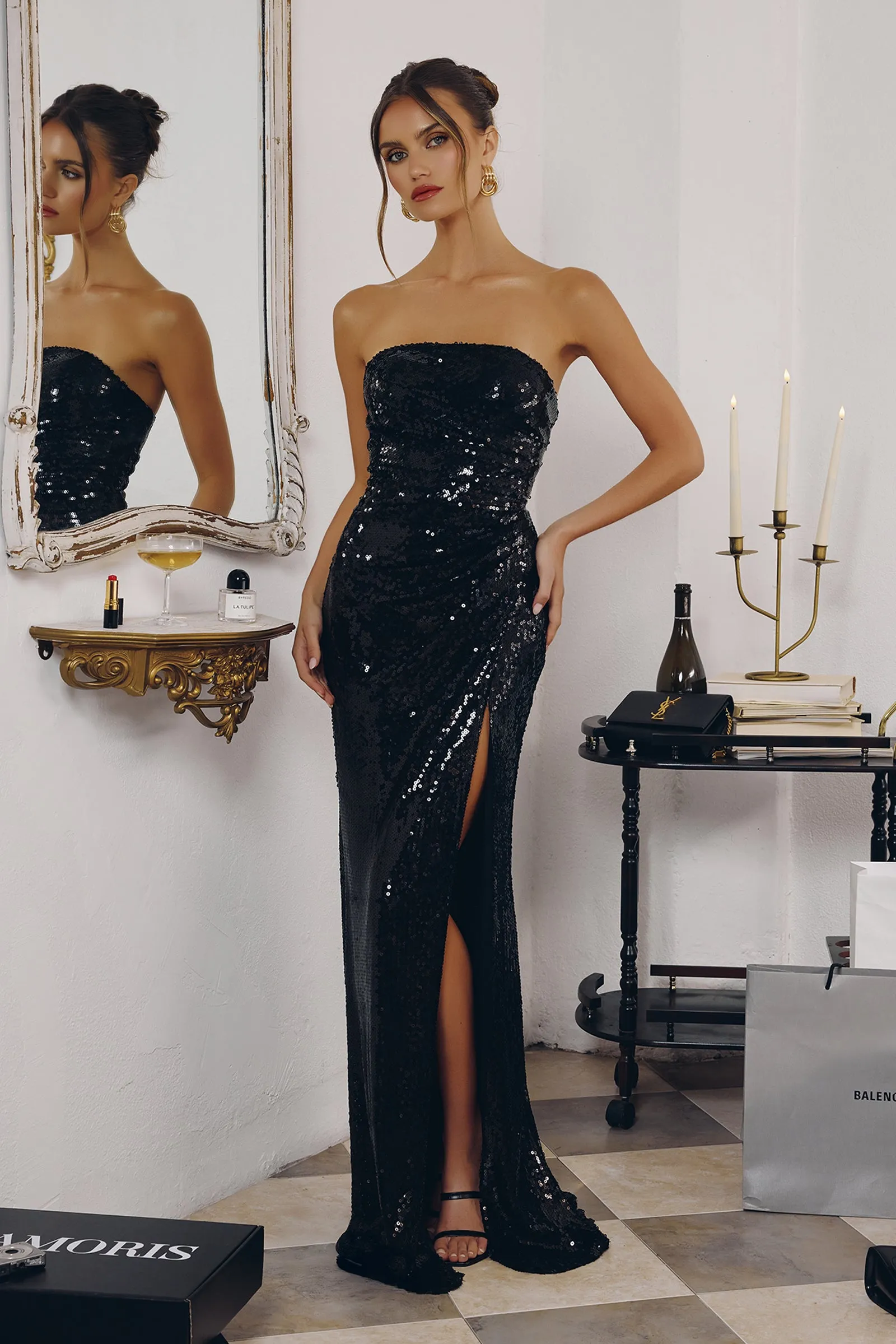 Amoris T724 Strapless Sequin Evening Gown with Fitted Silhouette sold by The Gown Galleria