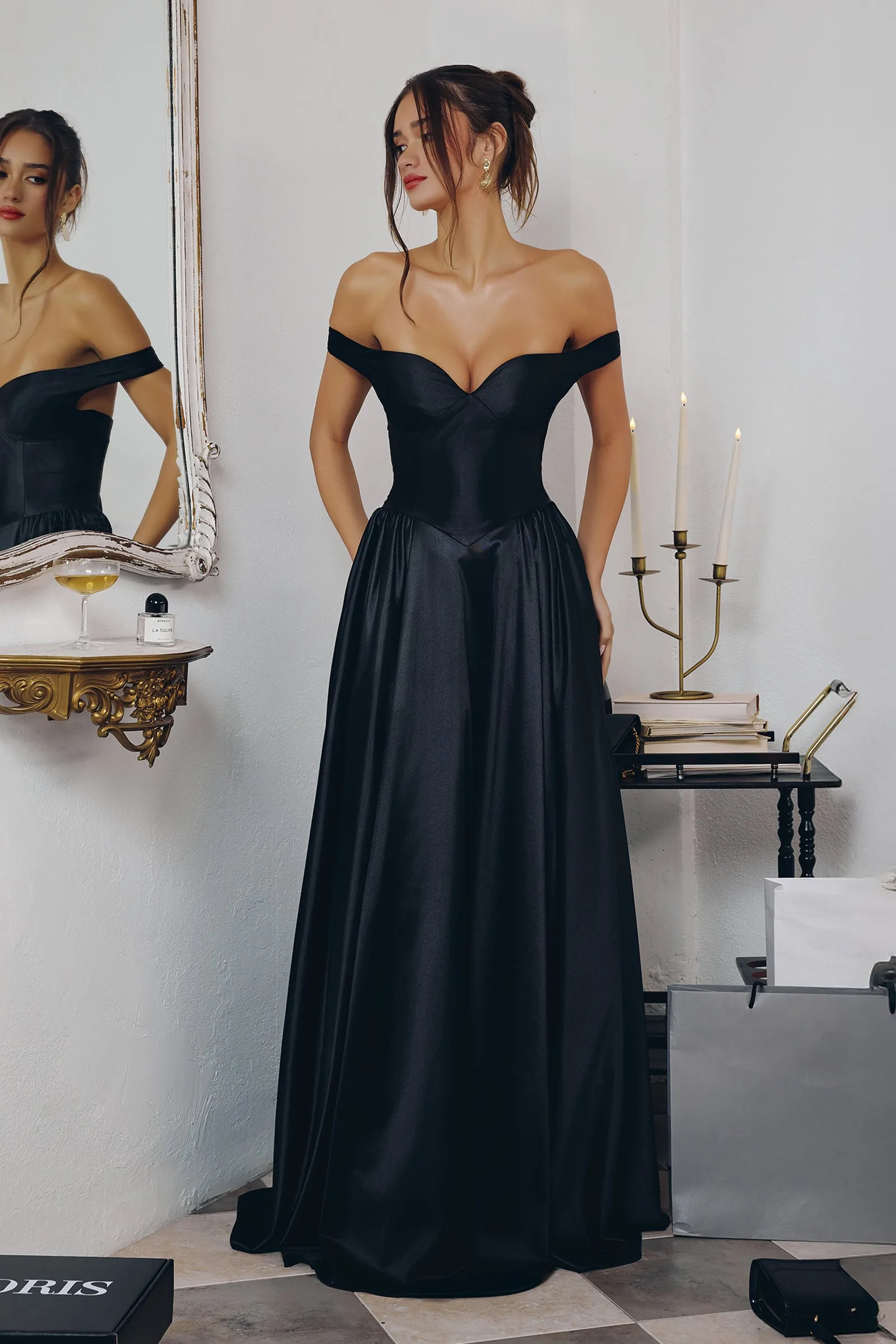 Amoris T821 Evening Gown Off-the-Shoulder Satin Silhouette sold by The Gown Galleria