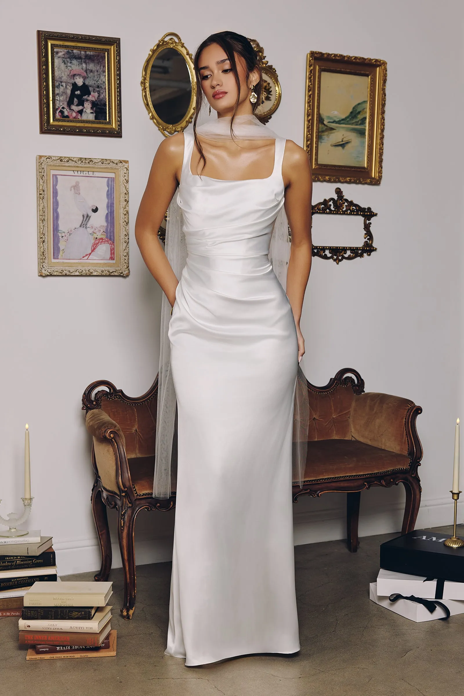 Amoris T729W Satin Square Rushed Wedding Gown sold by The Gown Galleria