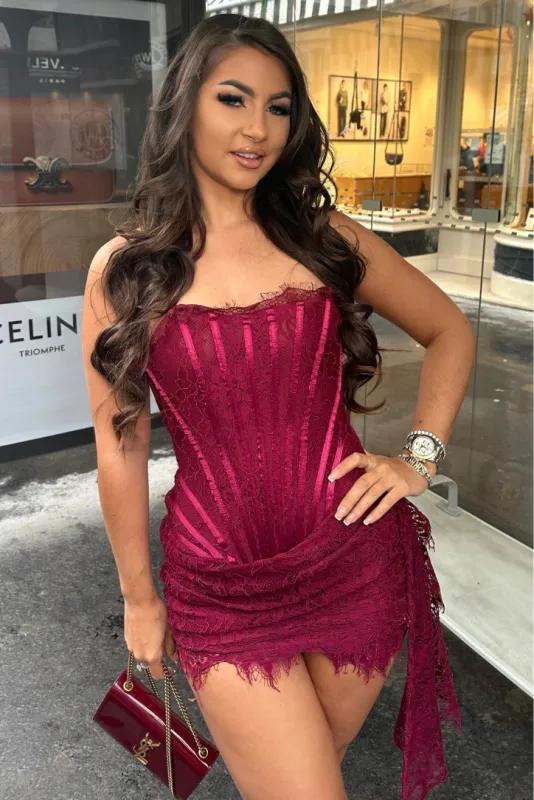 Emma Lace Mini Dress- Wine sold by Angel Lane