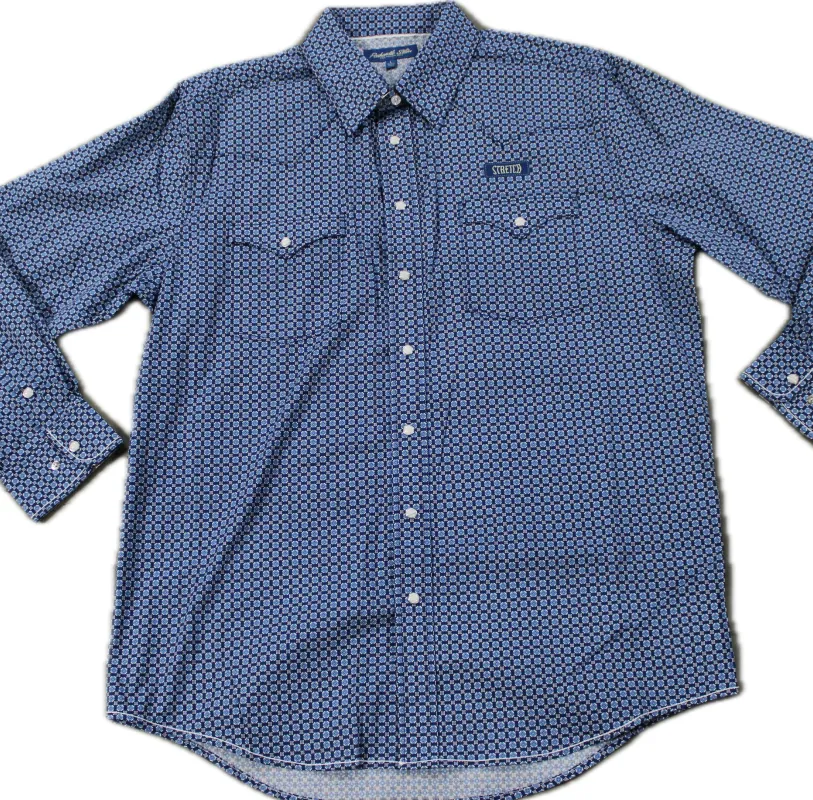 Men's Multi Blue Geometric Print Long Sleeve Shirt made by Panhandle Slim