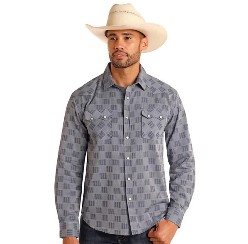 Men's Blue Geometric Print Long Sleeve Shirt made by Panhandle Slim