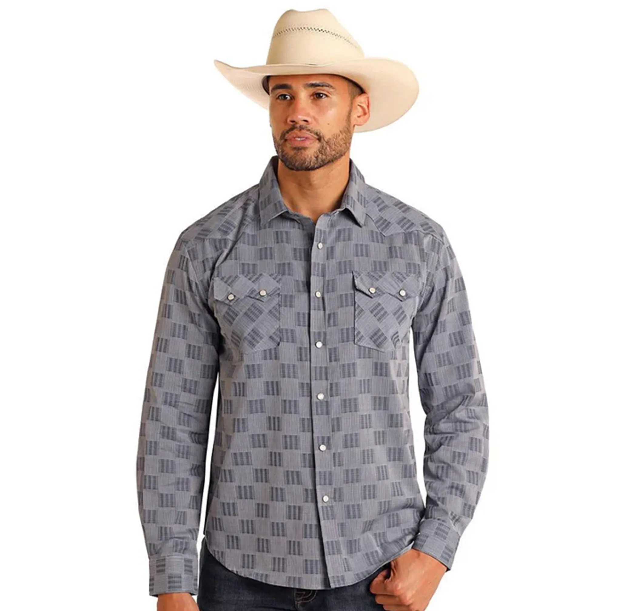 Men's Blue Geometric Print Long Sleeve Shirt sold by Western Edge