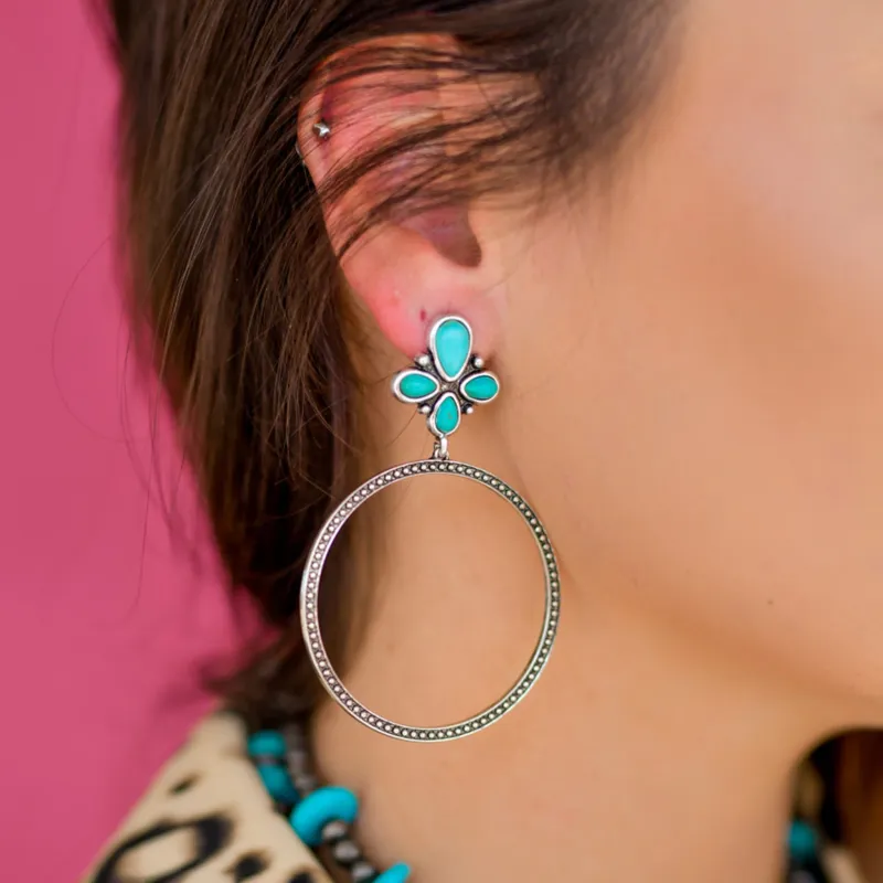 Silver Dotted Hoop with Turquoise Cluster Post Earrings made by Western Edge