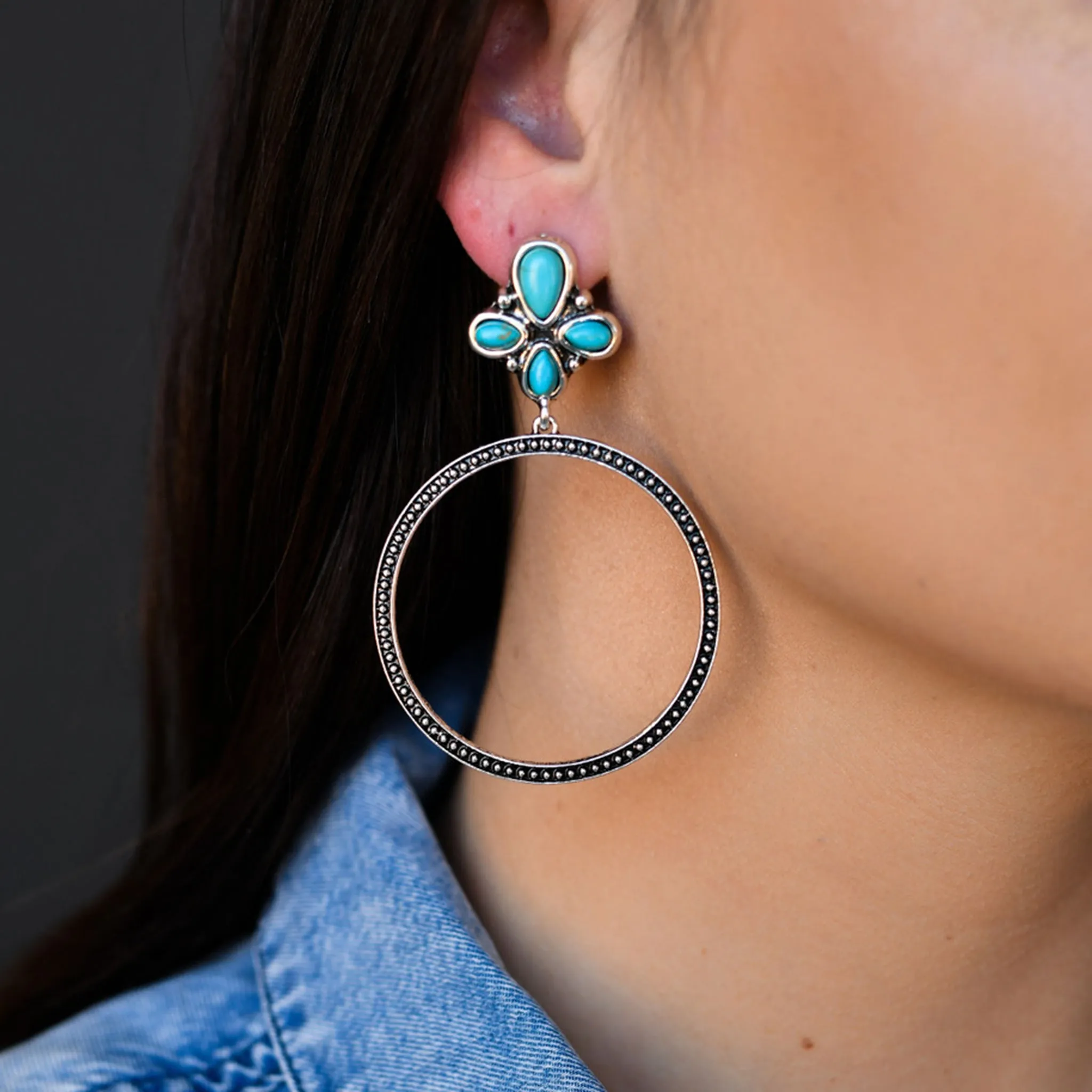 Silver Dotted Hoop with Turquoise Cluster Post Earrings sold by Western Edge product image thumbnail 3