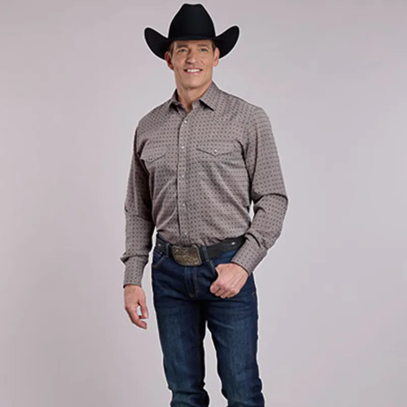 Men's Grey Geometric Diamond Long Sleeve Shirt sold by Western Edge