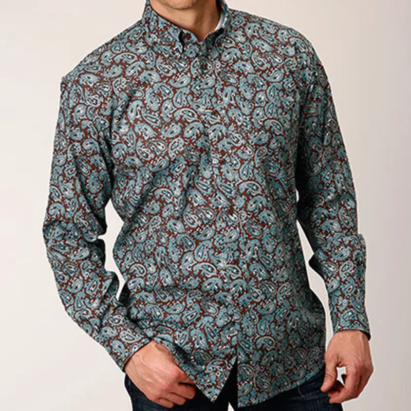 Men's Turquoise & Maroon Paisley Long Sleeve Shirt made by Roper