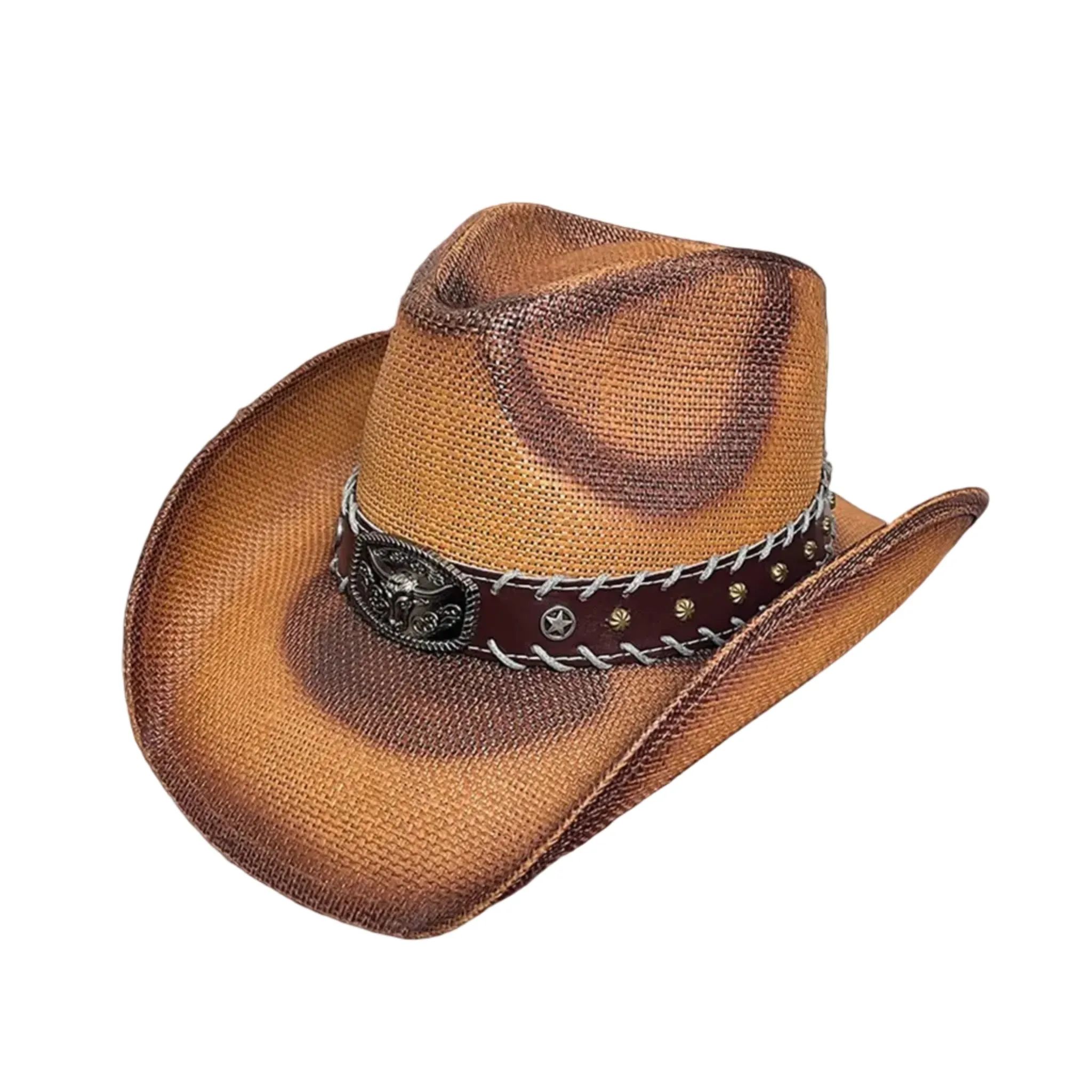 Brown Teastain Straw Pinch Longhorn Hat sold by Western Edge
