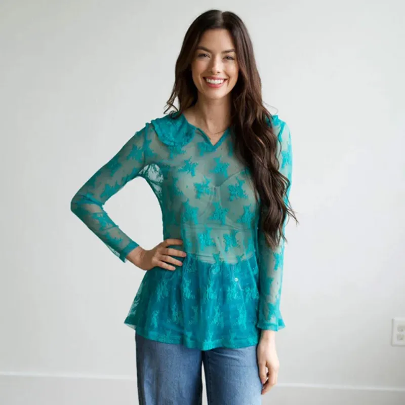Woman's Teal Lace Collared Shirt made by Western Edge
