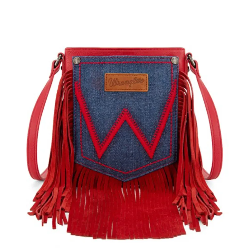 Wrangler Red Leather Fringe Denim Purse made by Wrangler