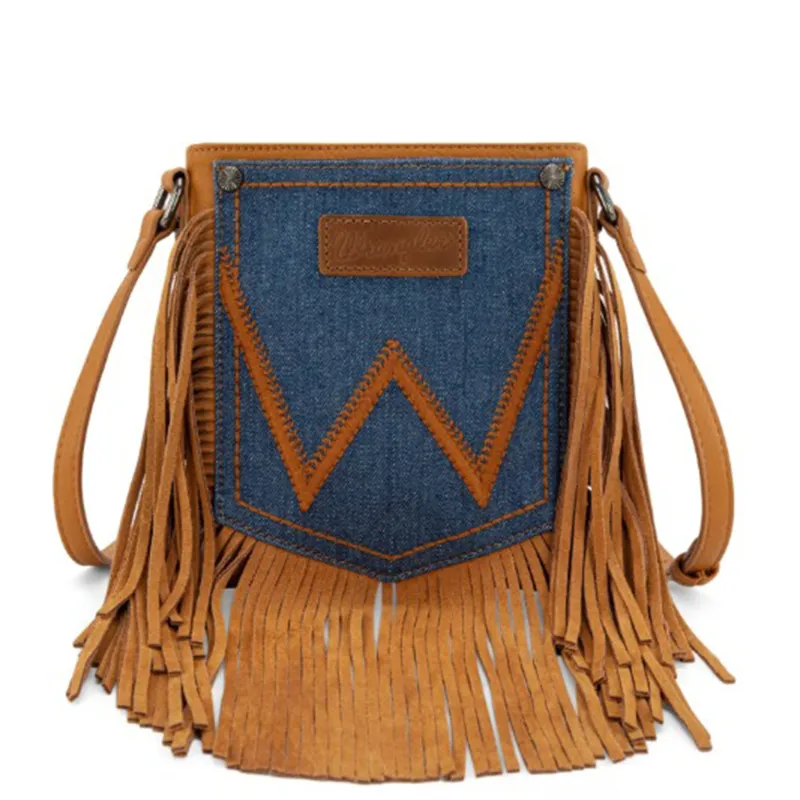 Wrangler Light Brown Leather Fringe Denim Purse made by Wrangler